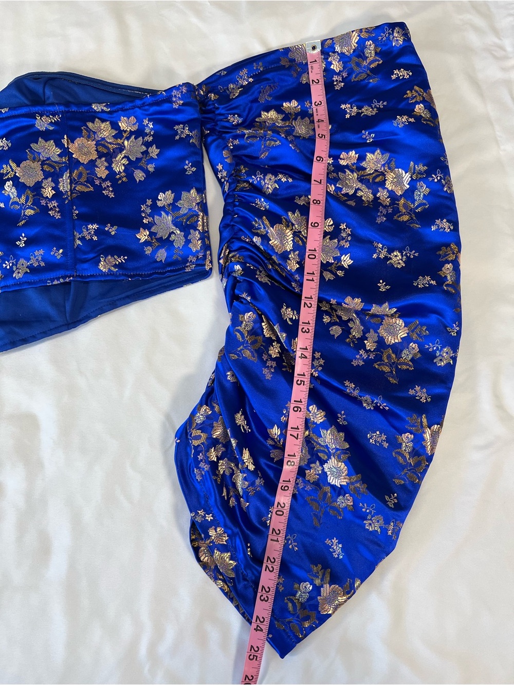 Fashion Nova Royal Blue Satin Floral Corset Crop Top with Gold Accents Sz 1X - Picture 13 of 16